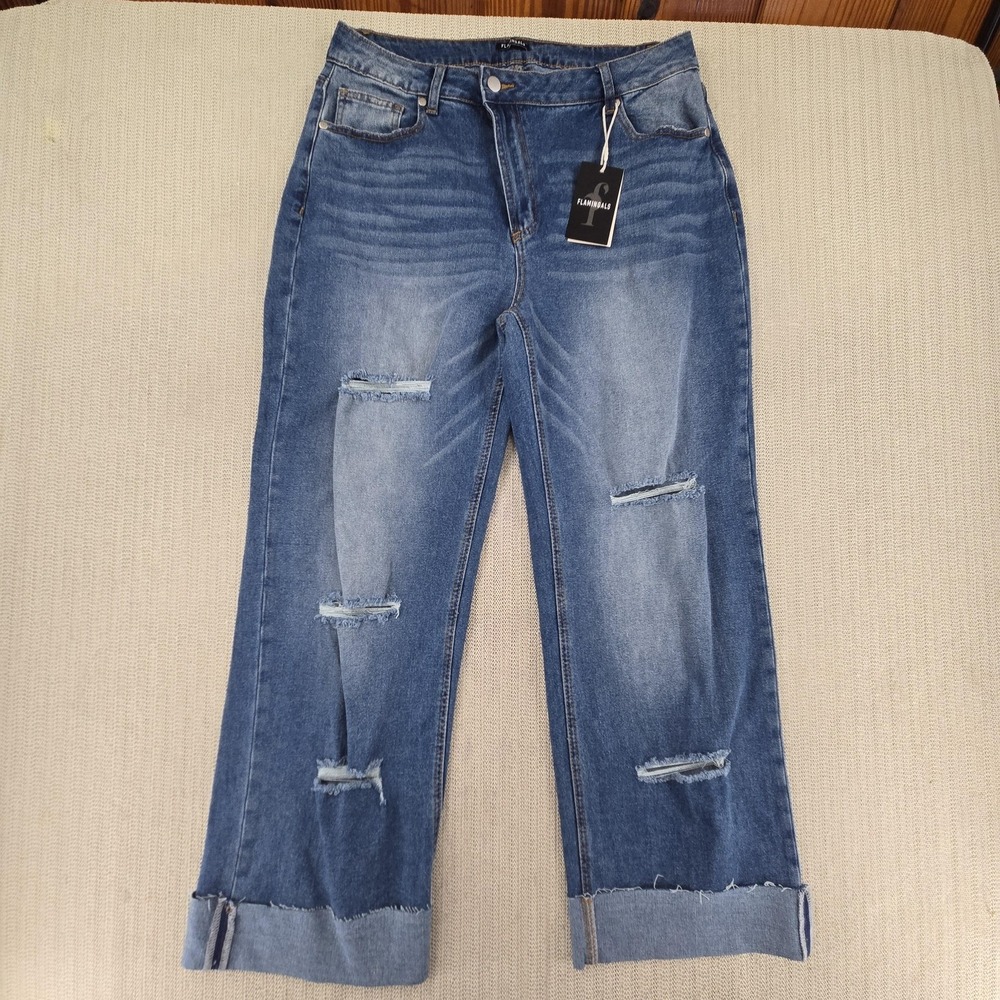 FLAMINGALS Jeans Womens 2XL Blue High Rise Straight Distressed Stretch Denim